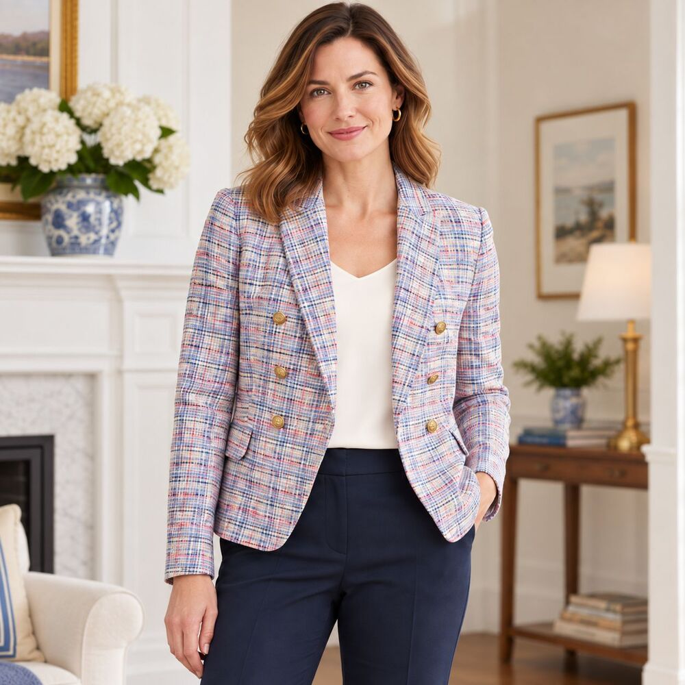 Talbots Multicolor Plaid Tweed Blazer 12 Double Breasted Jacket Cotton Lined EUC